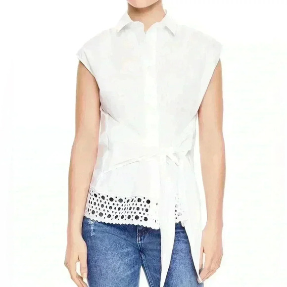 SANDRO Eyelet Trim Tie Front Cotton White Blouse In‎ Ecru - Picture 11 of 12